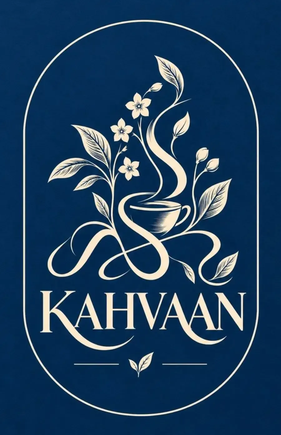 Kahvaan botanical emblem with tea leaves, flowers, steam and a teacup, in ivory on deep blue