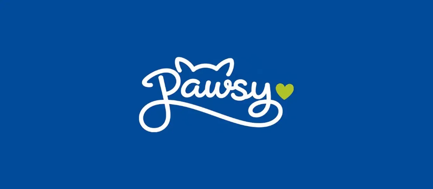 Pawsy script logo in white with cat ears and a lime green heart on royal blue