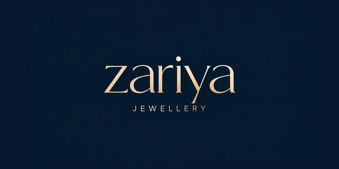 Zariya Jewellery wordmark in champagne gold on midnight navy