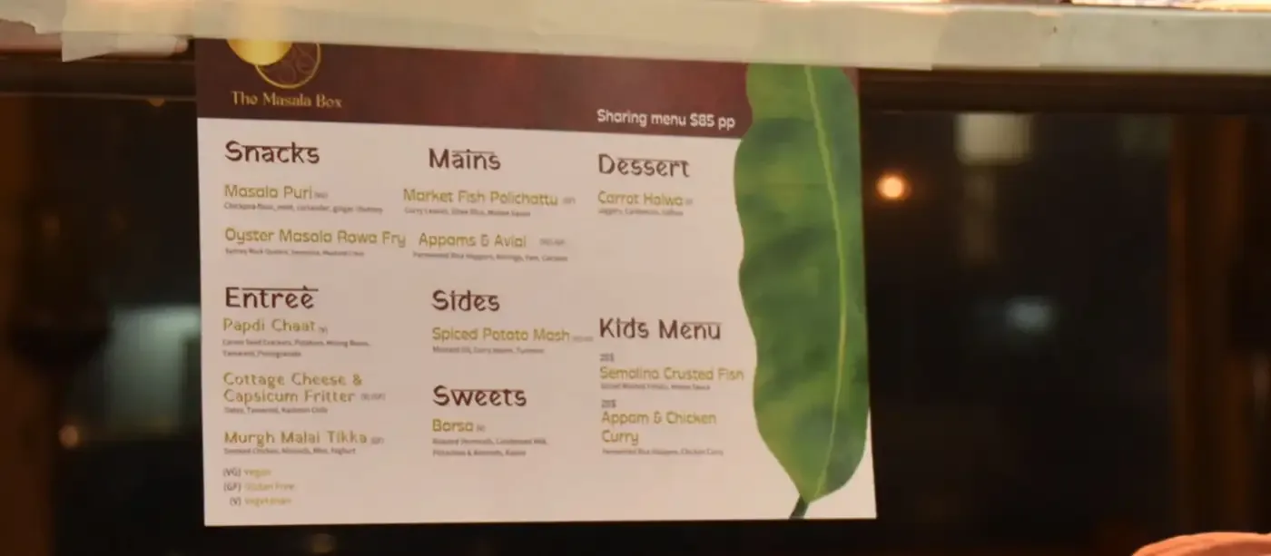 The Masala Box sharing menu hanging at the restaurant pass