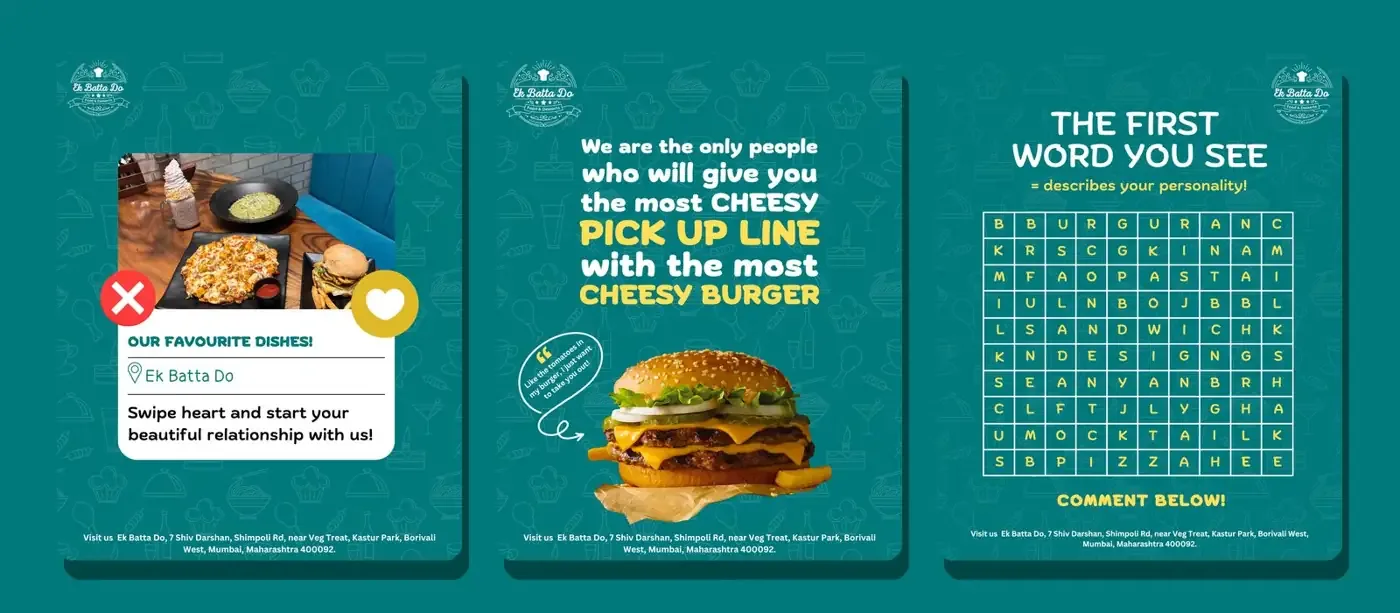 Three Ek Batta Do Instagram posts on the brand's teal background