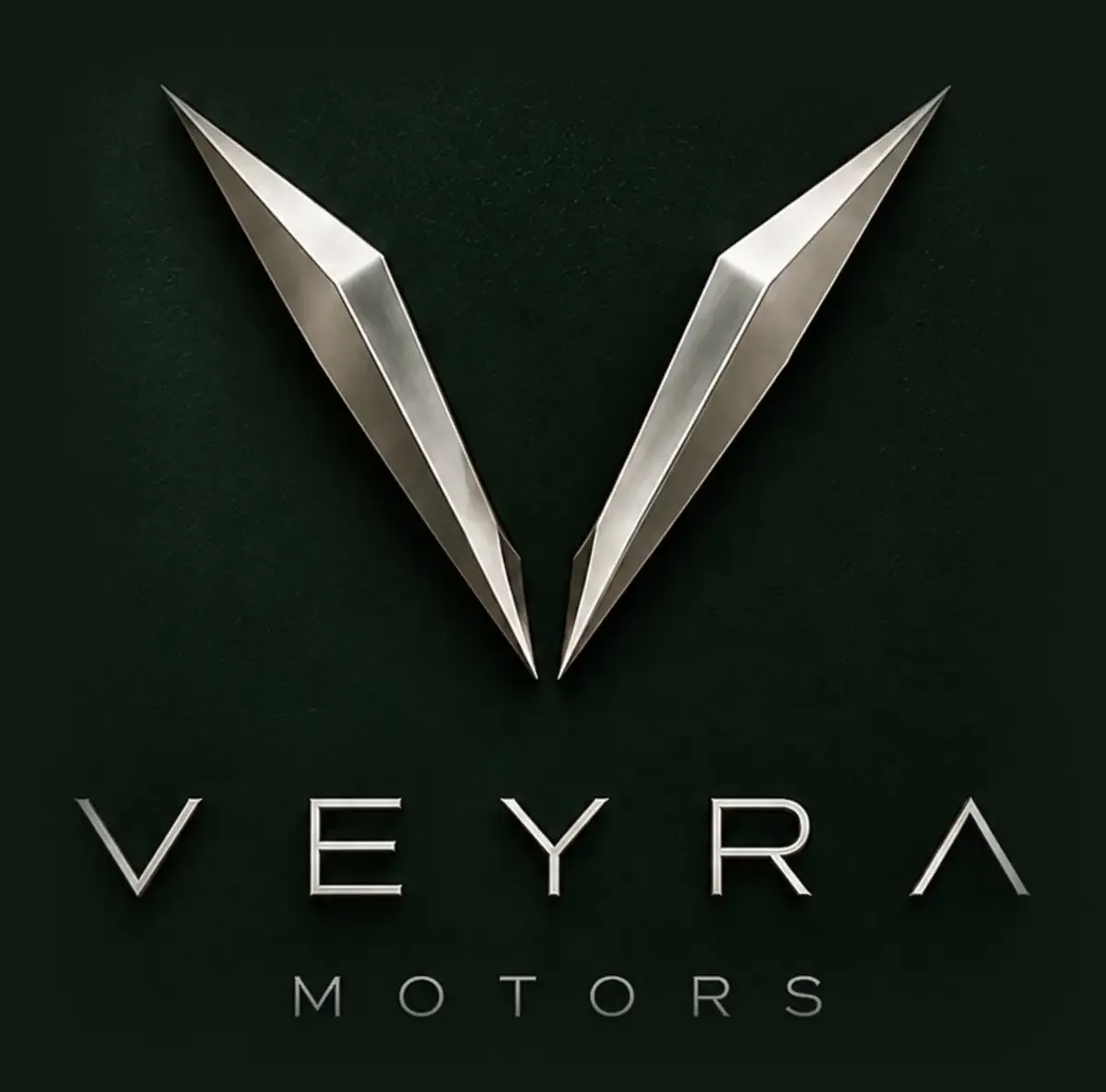 Veyra Motors silver V emblem and wordmark on deep forest green