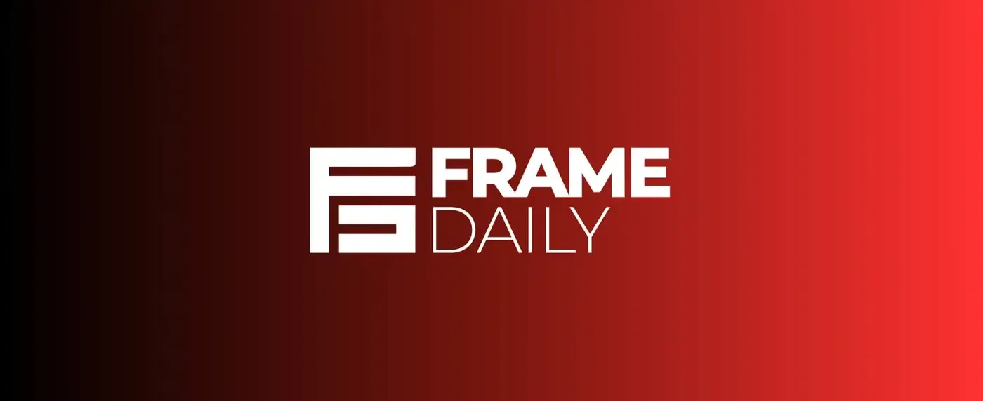 Frame Daily F monogram and wordmark in white on a black-to-red gradient