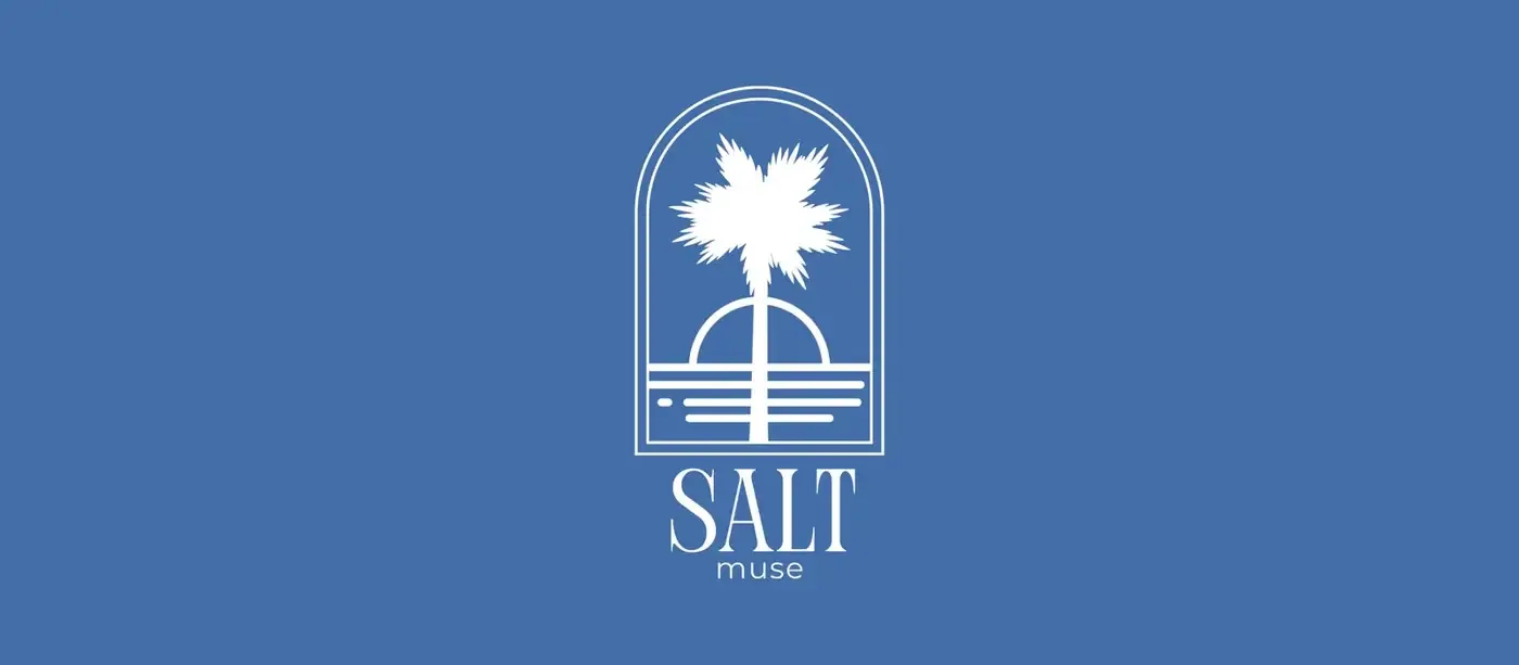 Salt Muse arch logo with palm tree, sunset and horizon lines above the SALT muse wordmark