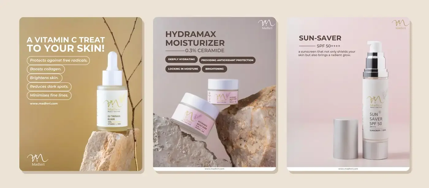 Three Madhrri Instagram posts for the Vitamin C serum, Hydramax moisturizer and Sun-Saver sunscreen