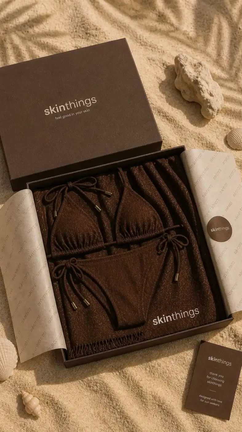 Skinthings gift box with swimwear on sand