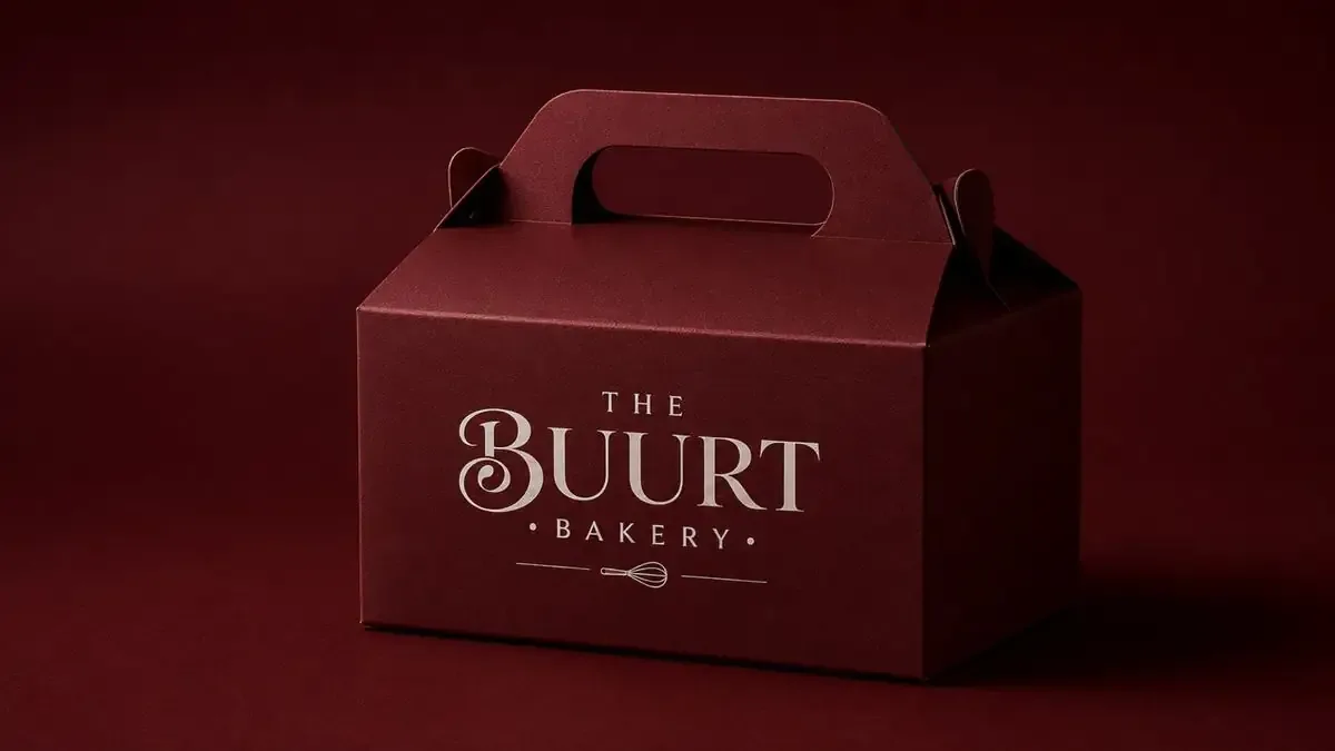 Burgundy The Buurt Bakery gable cake box with cream logo