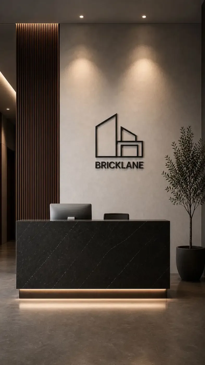 Bricklane architectural logo mounted above a black marble reception desk