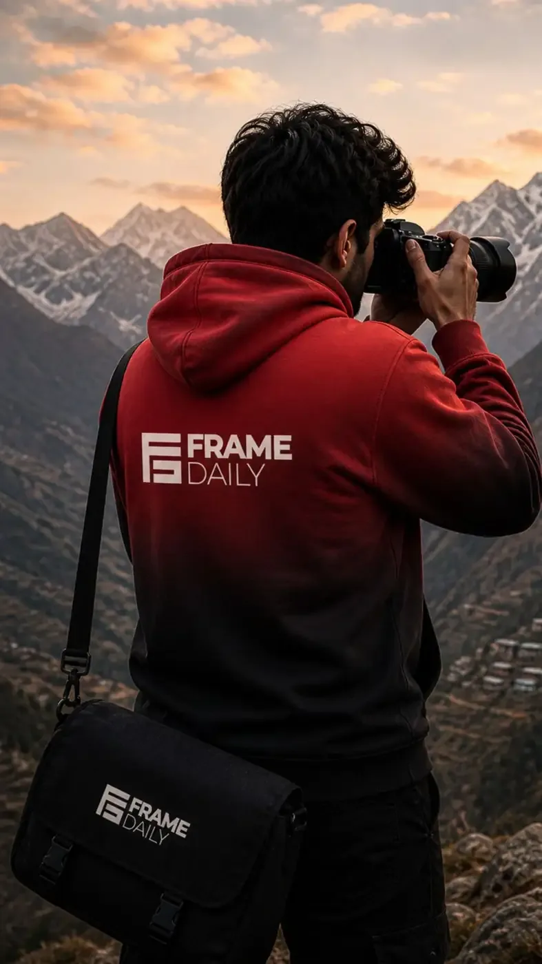 Photographer in a red Frame Daily hoodie shooting mountains at sunset