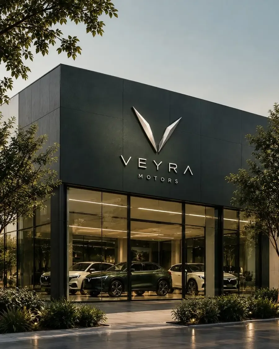 Veyra Motors showroom facade with the silver emblem and cars inside