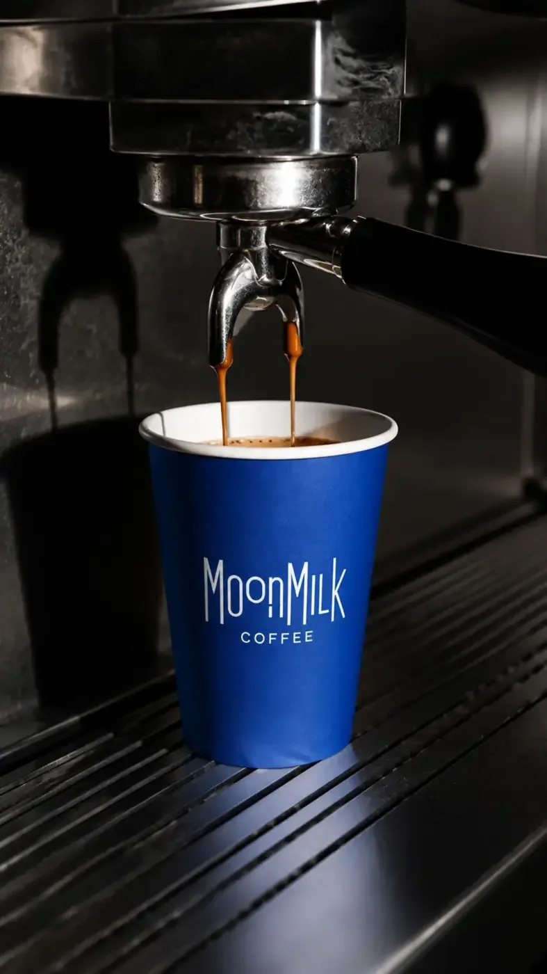 Espresso pouring into a blue MoonMilk takeaway cup