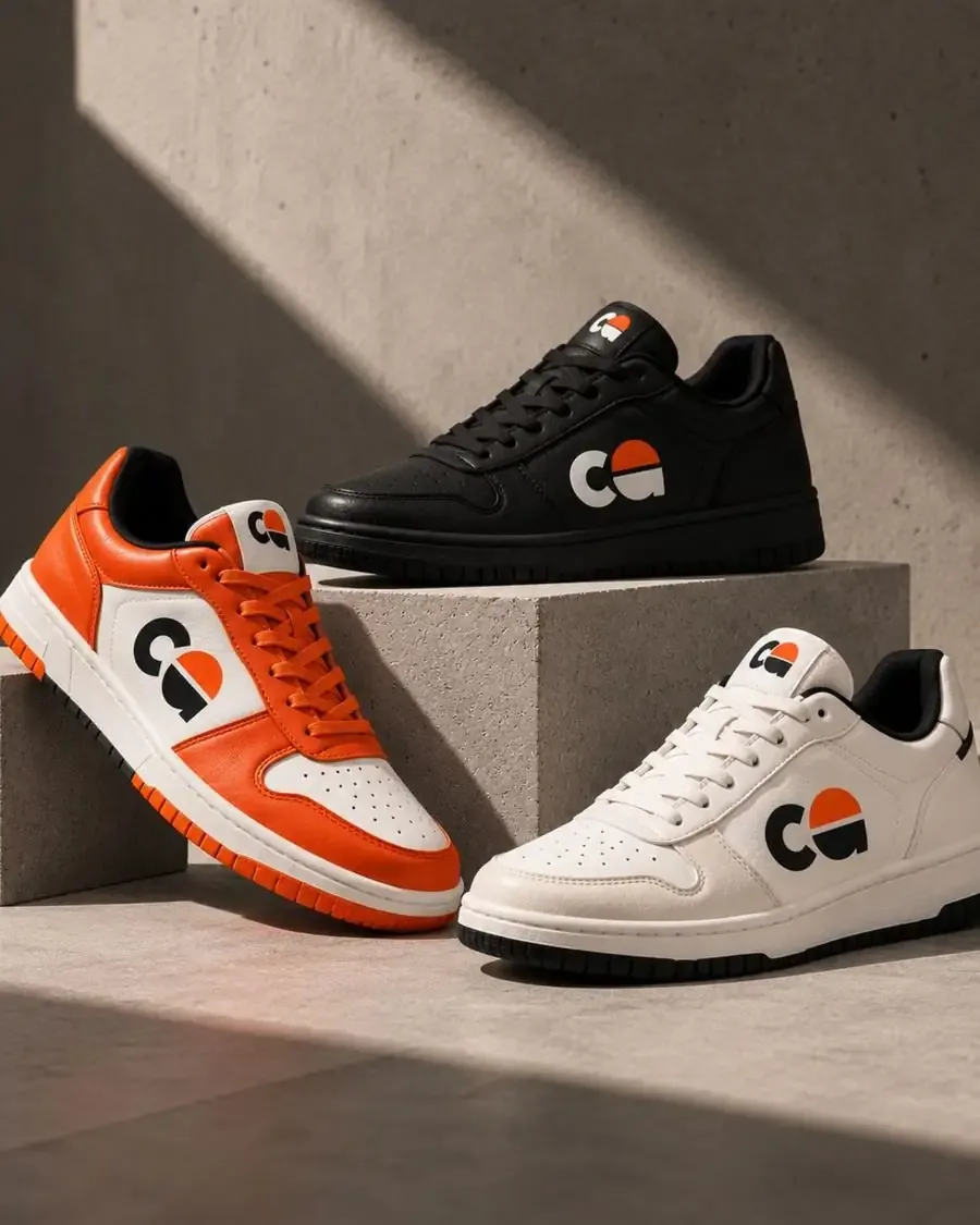 Orange, black and white Common Ground sneakers with the CG monogram