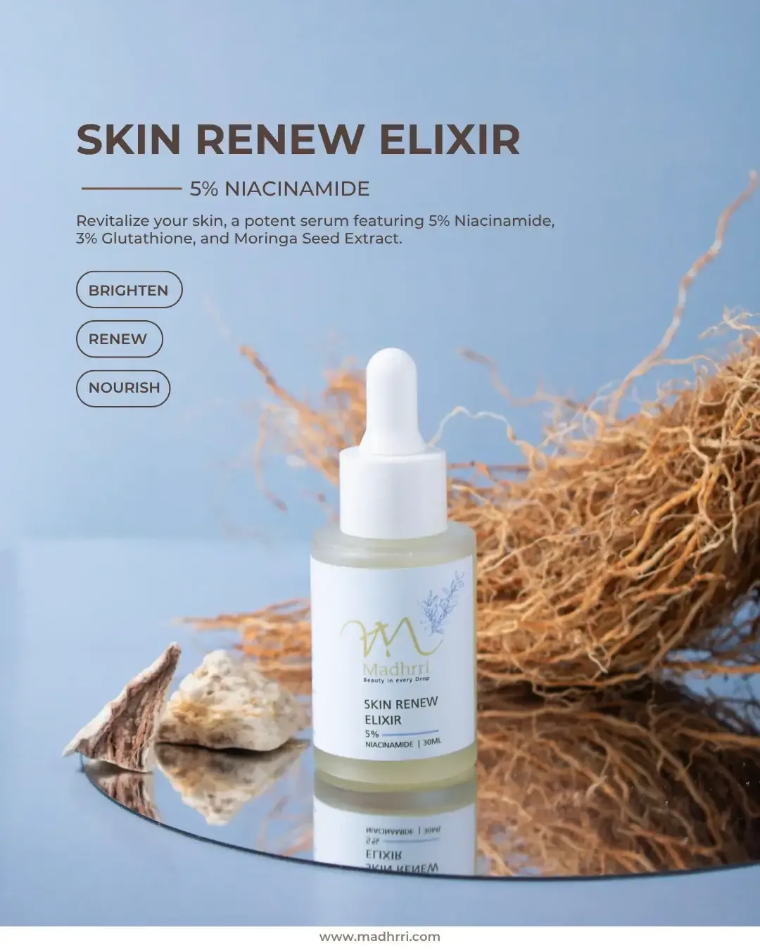 Madhrri Instagram post: Skin Renew Elixir 5% niacinamide product post