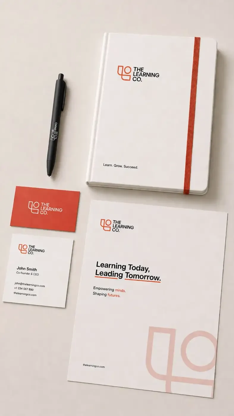 The Learning Co. stationery: white notebook with coral band, business cards, letterhead and pen