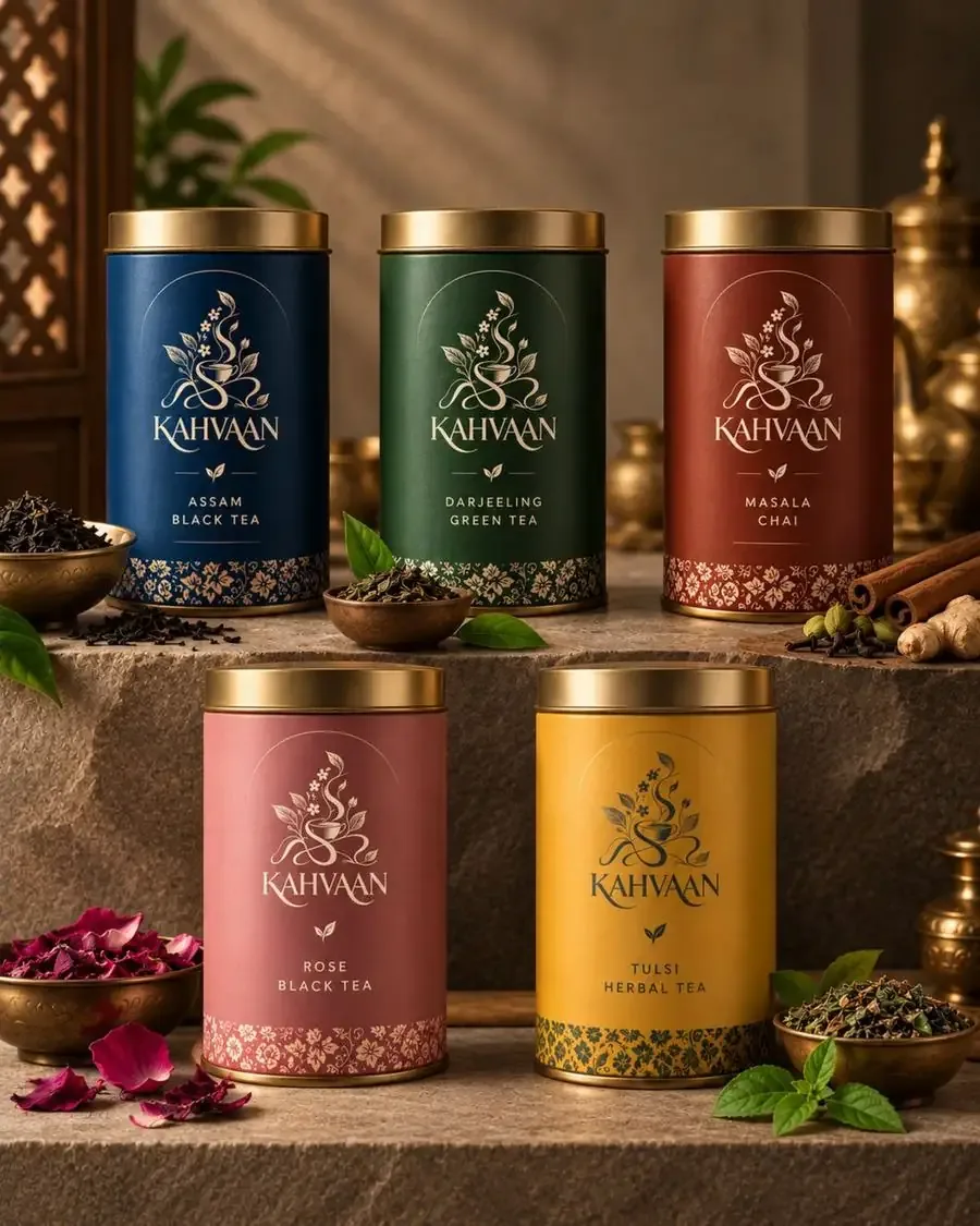 Kahvaan tea range in blue, green, red, rose and yellow tins
