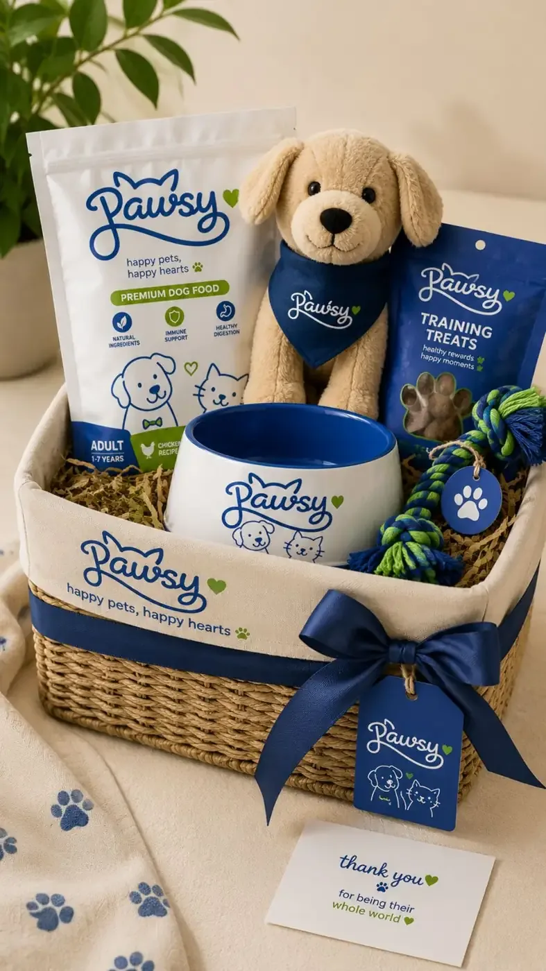 Pawsy gift hamper with dog food, training treats, bowl, plush puppy, rope toy and thank-you card