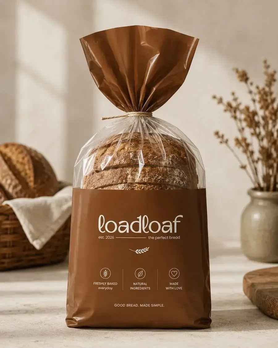 Loadloaf sliced-bread bag with a brown printed band and twine tie