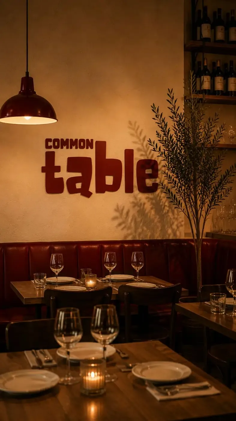 Warm-lit Common Table dining room with the wordmark on the wall above a burgundy banquette