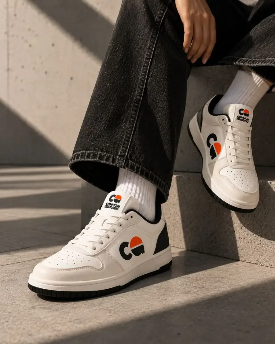 White Common Ground sneakers worn with black jeans on concrete steps