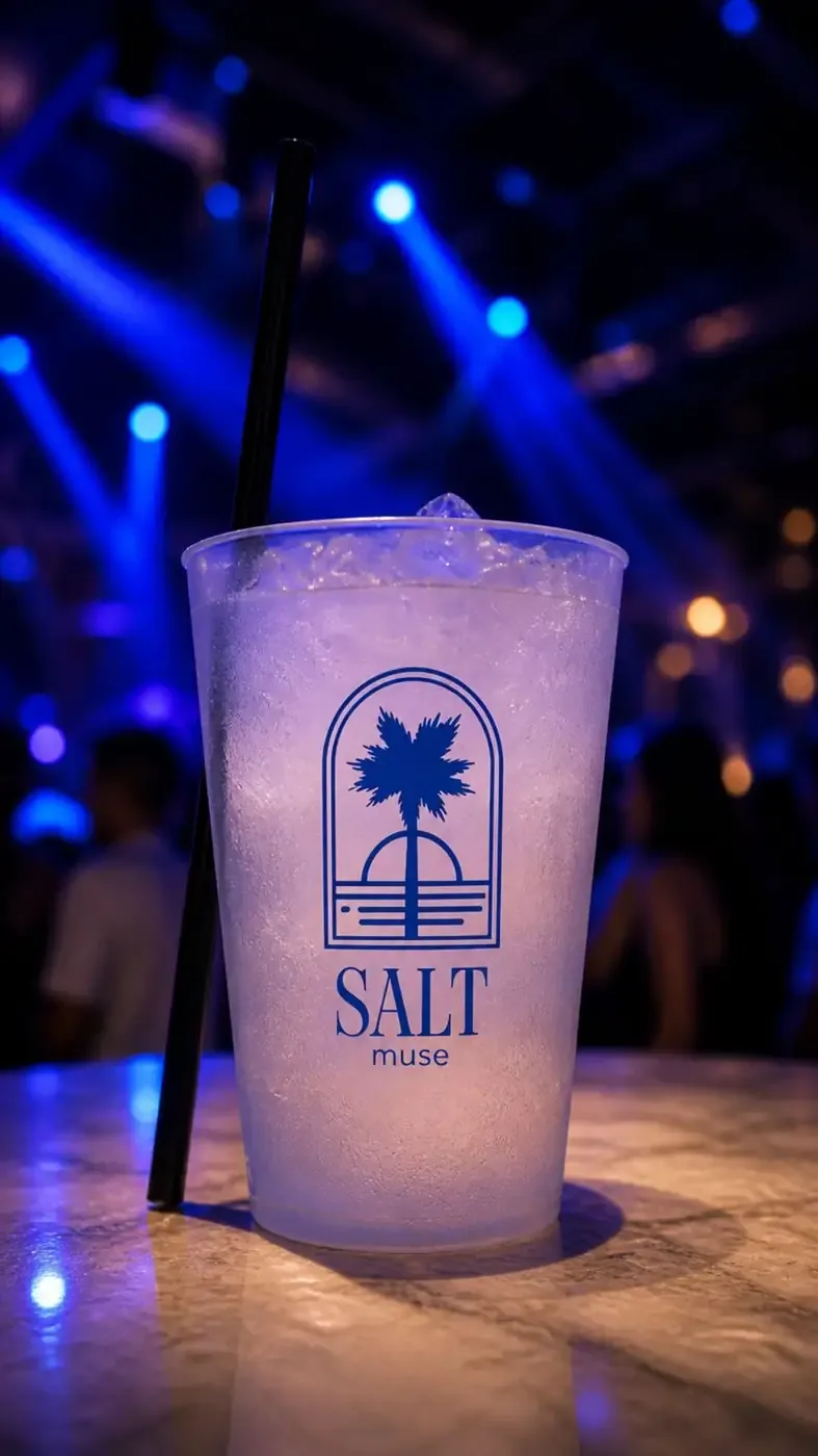Frosted Salt Muse cup with a black straw under blue club lights