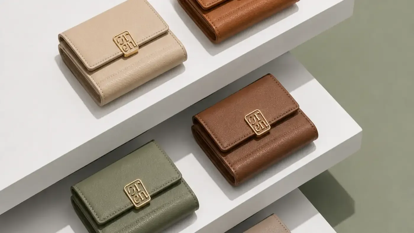 Oren wallets in cream, tan and green displayed on white shelves
