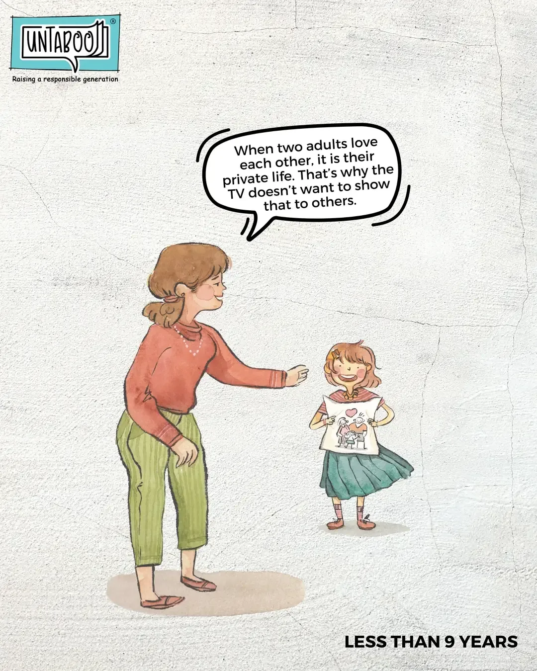 Untaboo Instagram post: Illustrated carousel slide of a mother gently explaining privacy to her daughter, for children under 9
