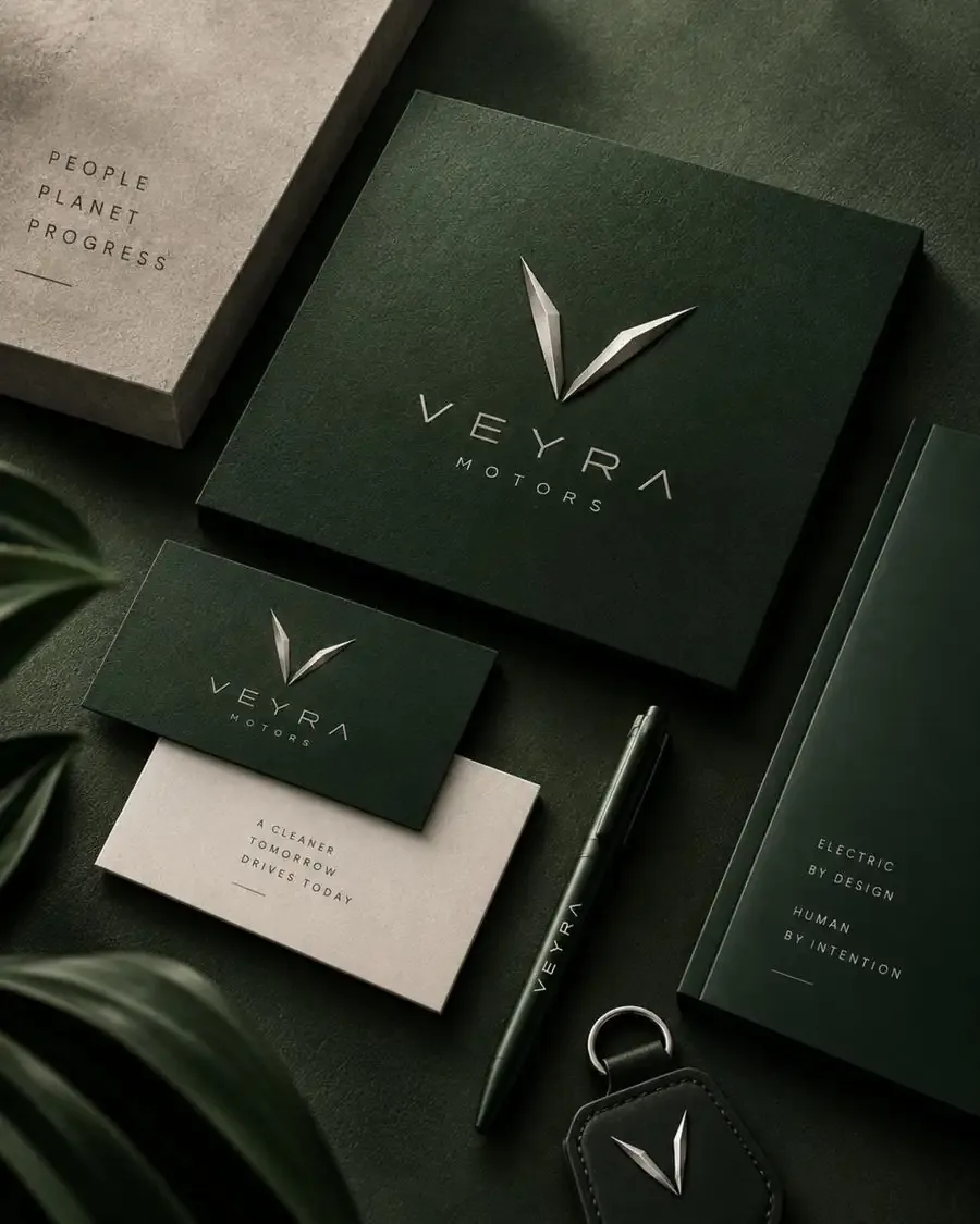 Veyra stationery set in deep green with silver emblem, business cards, pen and key tag