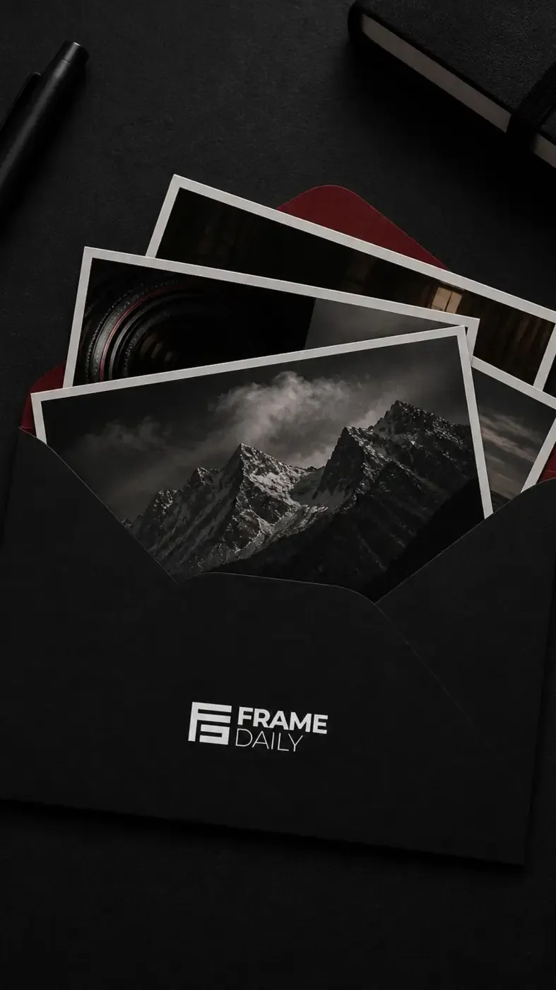 Black Frame Daily envelope holding monochrome photo prints