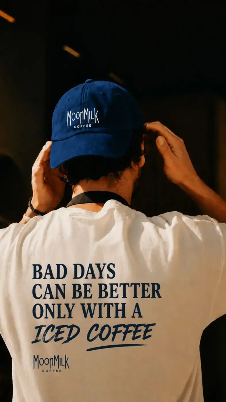 Staff in a blue MoonMilk cap and a tee reading Bad Days Can Be Better Only With A Iced Coffee