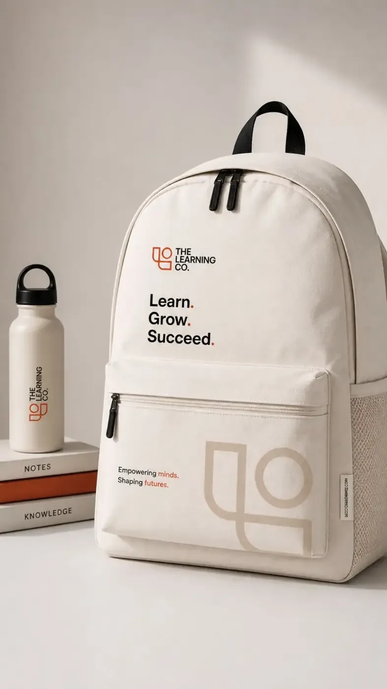 Cream Learning Co. backpack reading Learn. Grow. Succeed. beside a branded water bottle
