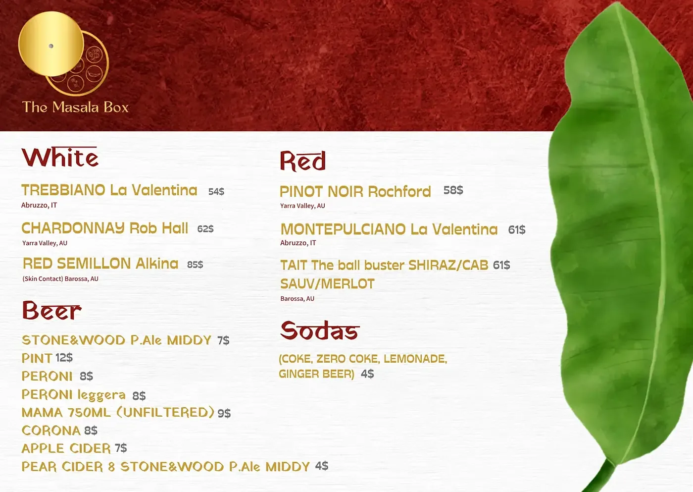 The Masala Box drinks menu with white and red wines, beers and sodas
