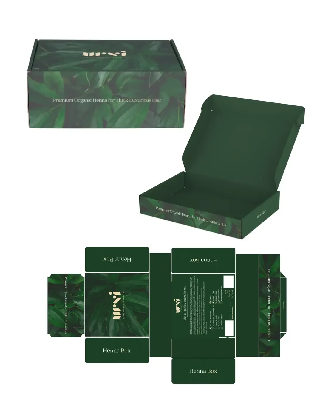 Urvi Henna Box presentation sheet with closed box, open box and dieline