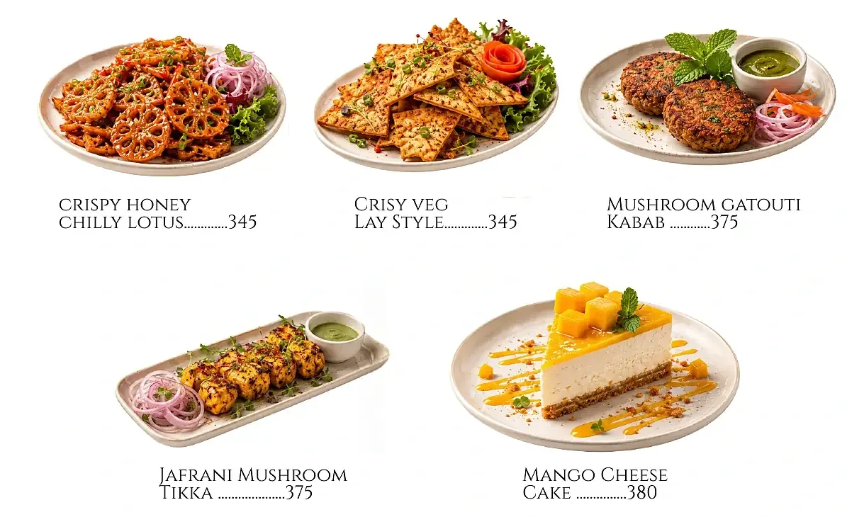 Menu detail: crispy honey chilli lotus, crispy veg, mushroom galouti kebab, jafrani mushroom tikka and mango cheesecake