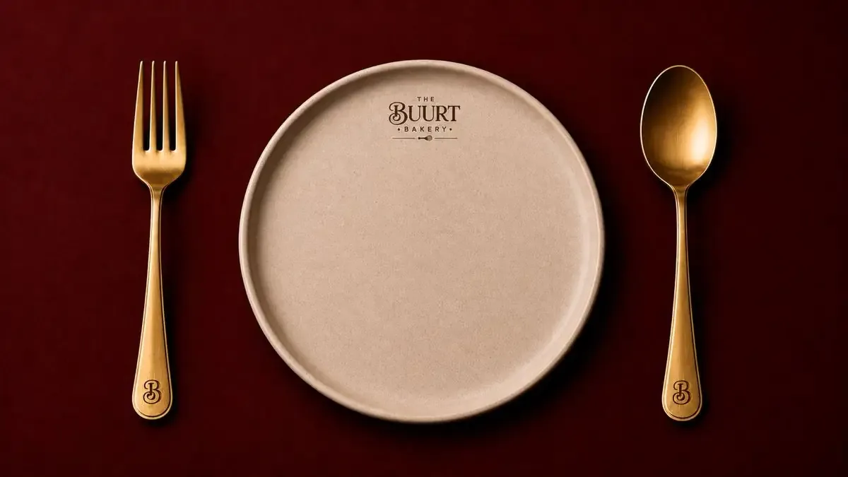 Buurt Bakery plate with gold cutlery engraved with the B monogram