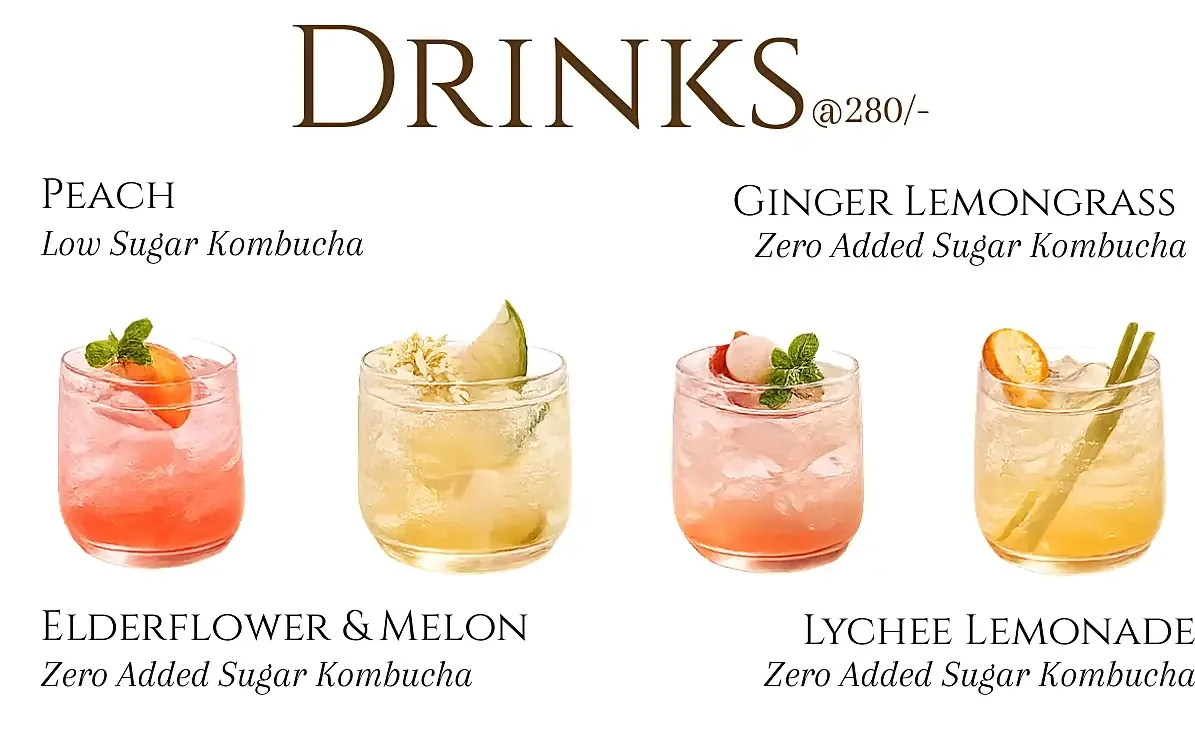 Menu detail: peach, ginger lemongrass, elderflower and melon, and lychee lemonade kombuchas