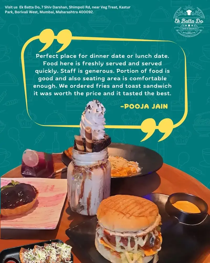 Ek Batta Do Instagram post: Customer review post from Pooja Jain over a table of burger, freakshake and pasta