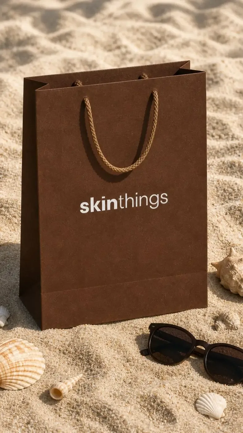 Chocolate Skinthings shopping bag with rope handles on sand beside shells and sunglasses