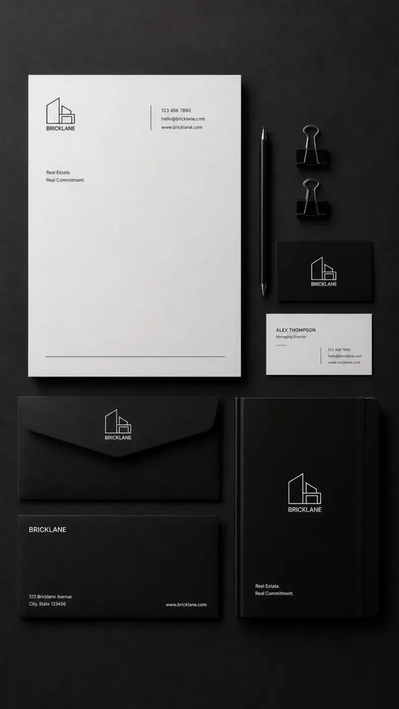Bricklane letterhead, envelopes, notebook and business cards in black and white