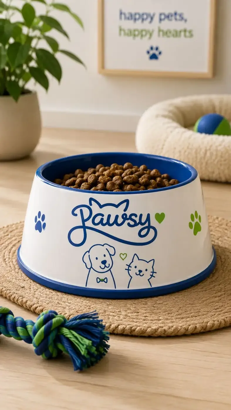 White Pawsy food bowl with blue rim, dog and cat illustrations and paw prints