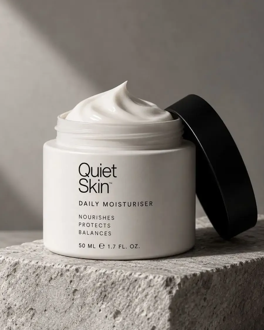 Open Quiet Skin daily moisturiser jar with cream on a stone block