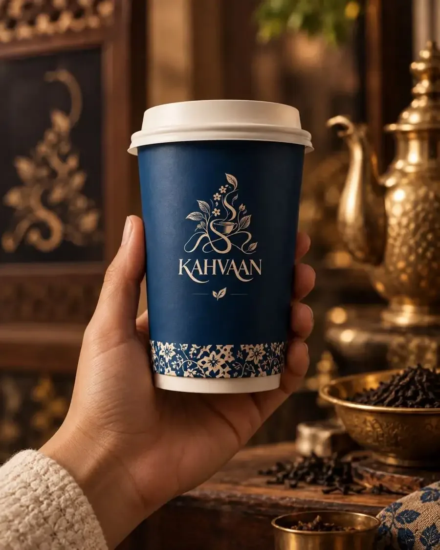 Hand holding a blue Kahvaan takeaway cup with a floral band