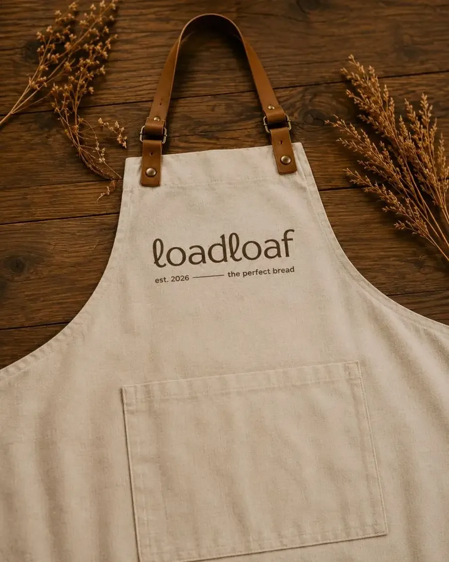 Cream linen Loadloaf apron with leather straps on a wooden table