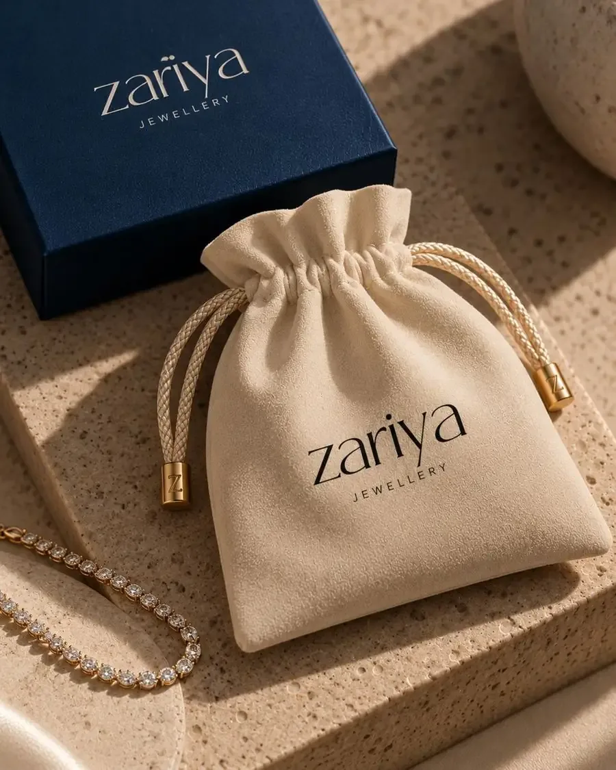 Ivory suede Zariya drawstring pouch with gold Z cord ends beside a navy box