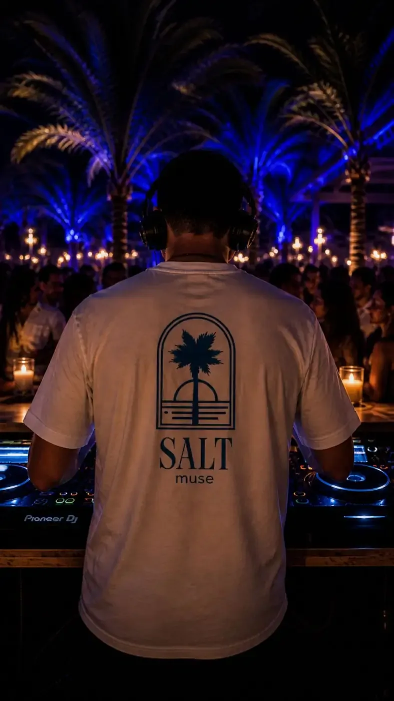 DJ in a white Salt Muse T-shirt playing to a crowd under blue-lit palms