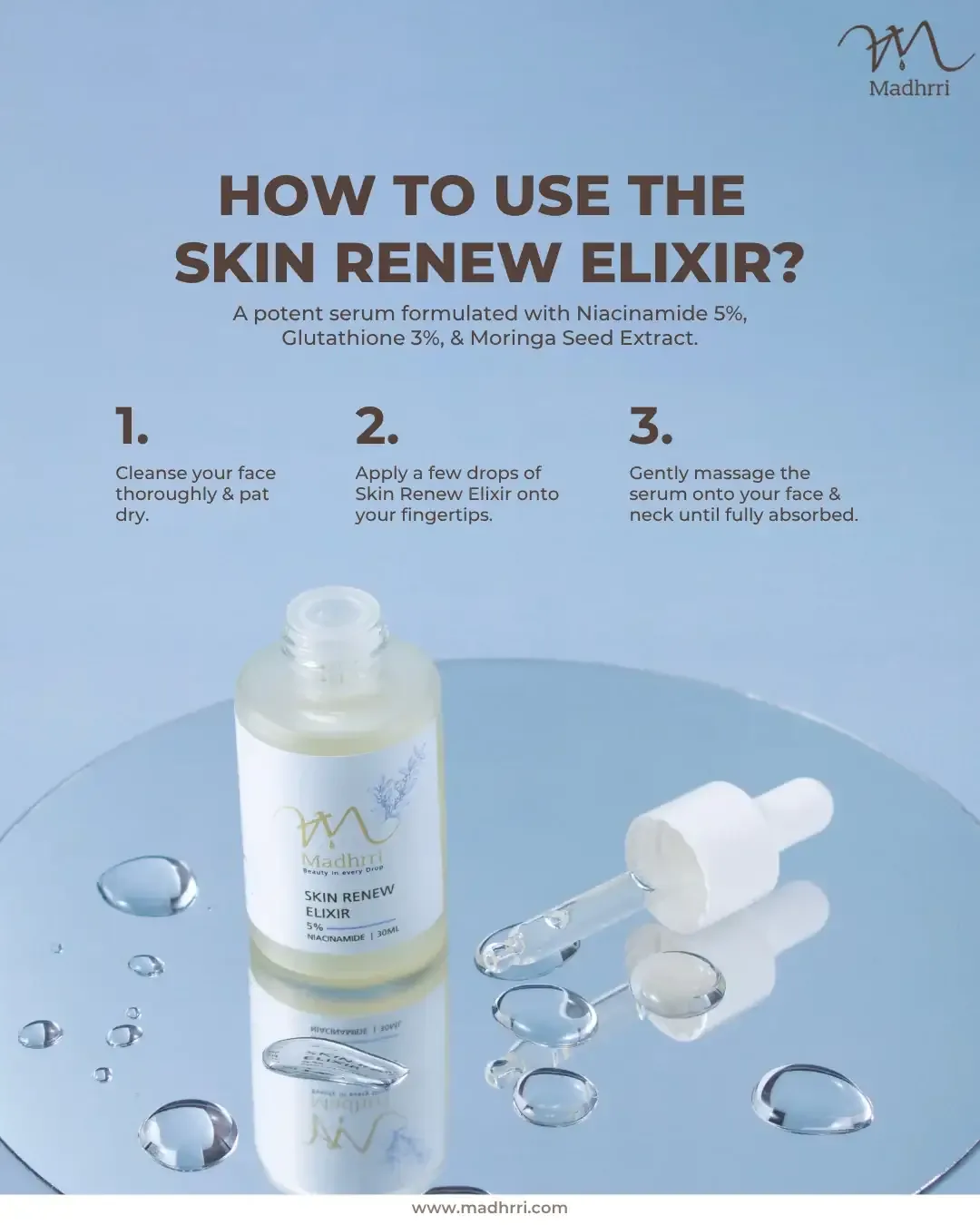 Madhrri Instagram post: How to use the Skin Renew Elixir three-step post