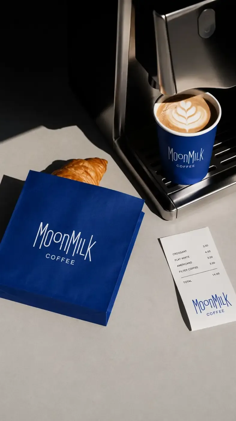 Blue MoonMilk pastry bag, latte cup and branded receipt
