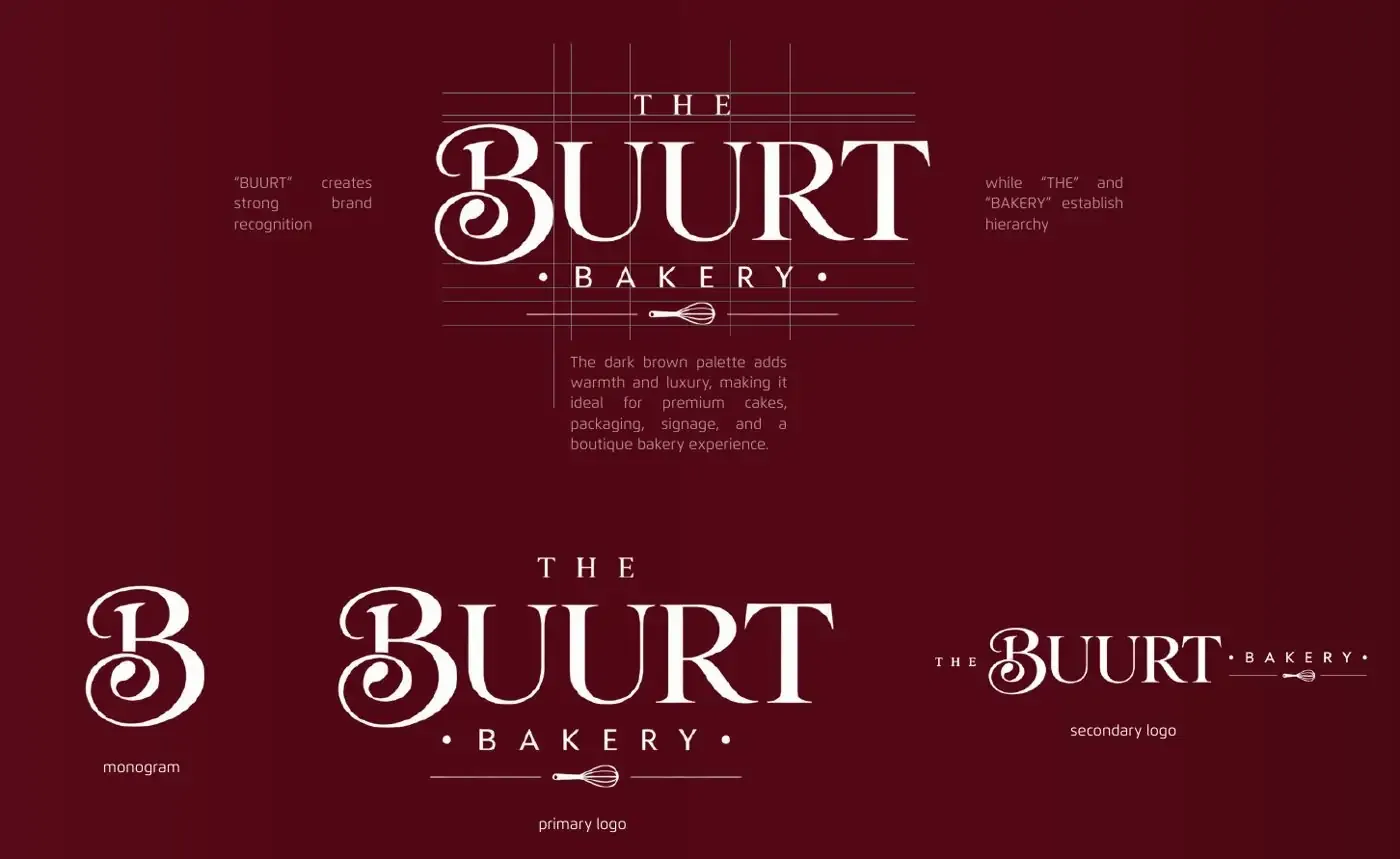 The Buurt Bakery logo construction, monogram, primary and secondary logo