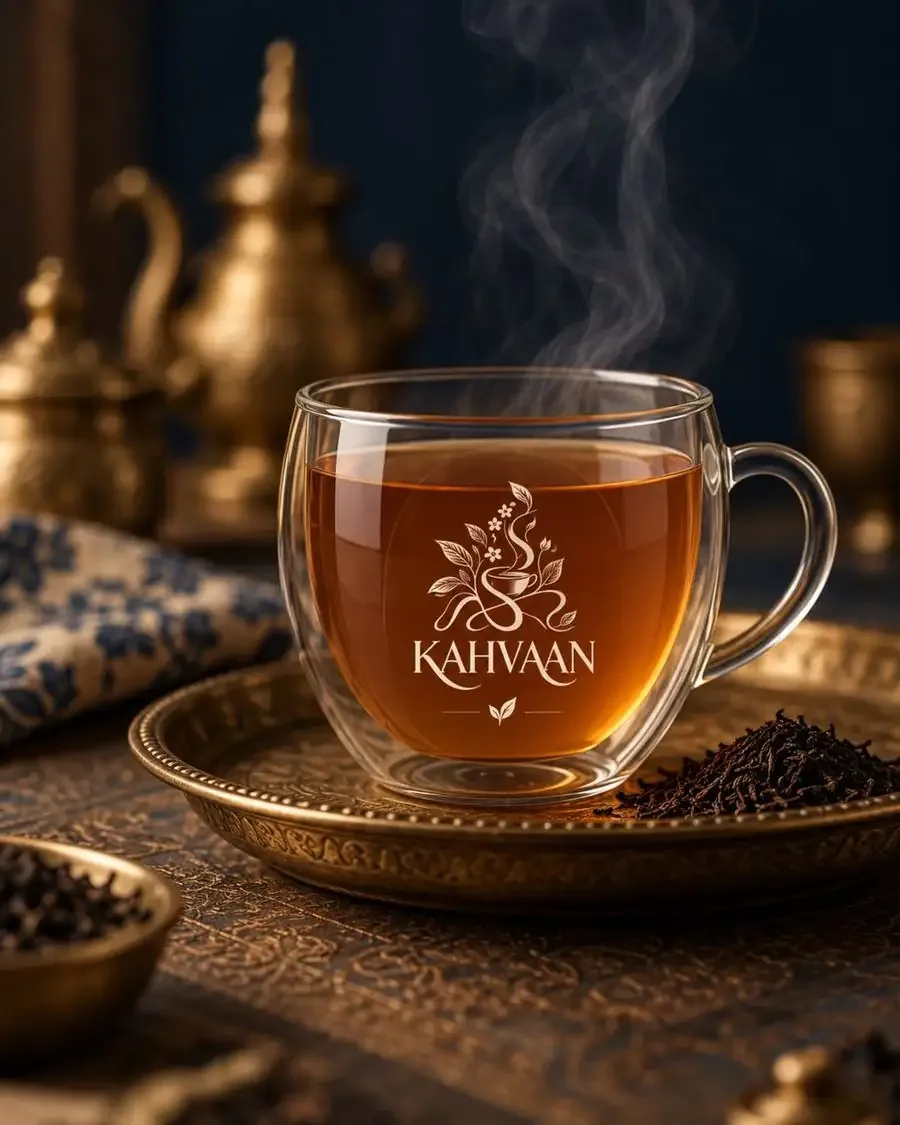 Glass cup of tea with the Kahvaan emblem on a brass tray