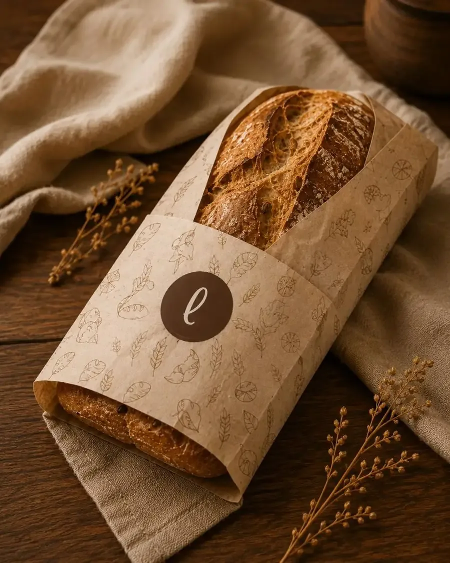 Baguette in a kraft sleeve with grain illustrations and a round Loadloaf sticker
