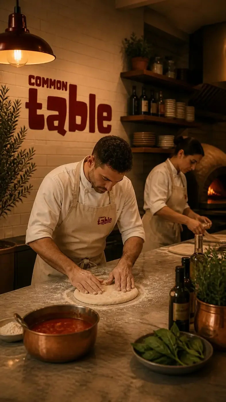 Chefs in Common Table aprons shaping pizza dough in front of a wood-fired oven